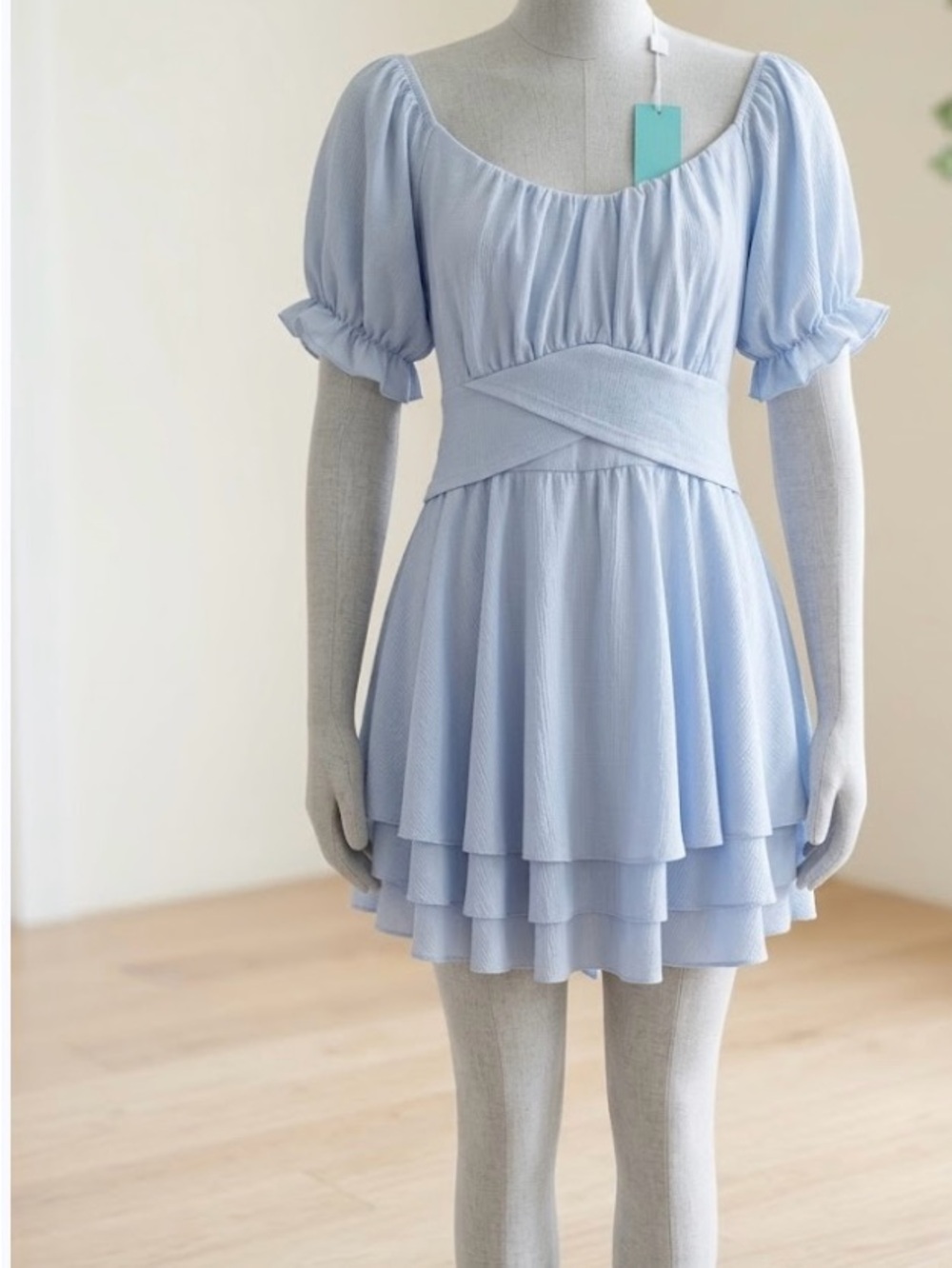 Light Blue Puff Sleeve Layered Skater Dress/shorts